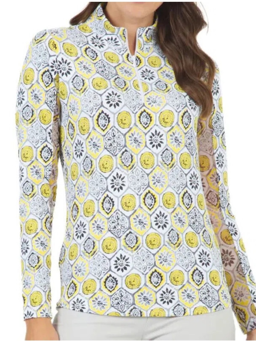 IBKUL TERRA YELLOW CHARCOAL Long Sleeve Mock Golf Shirt